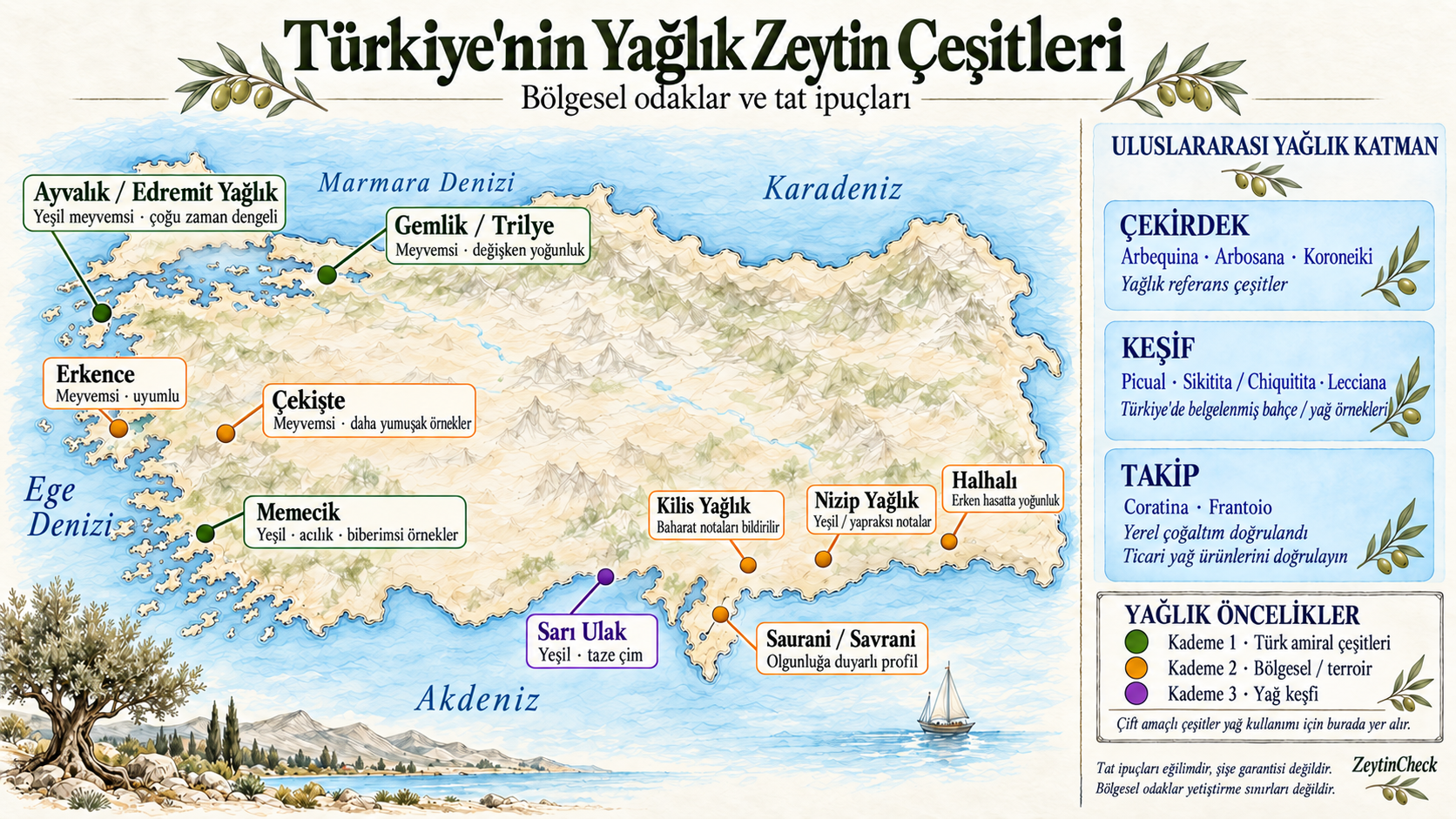 Türkiye haritası üzerinde yerel zeytin çeşitleri