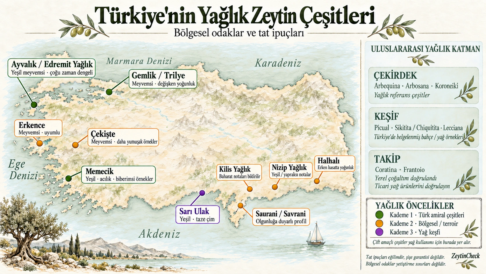 Türkiye'deki yerel zeytin çeşitlerini ve bölgelerini gösteren Türkçe çizim harita